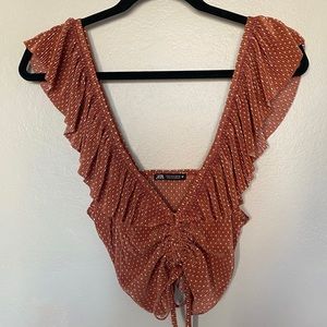 Zara cropped wing sleeve and neck detailed polka dot top